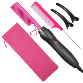 Hot Comb Hair Straightener Heat Pressing Combs Portable Ceramic Curling Iron for Hair Beard Wigs Wet and Dry Hair Styling Tools (Plug Type: EU, Color: HeatComb-Purple-5pcs)