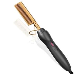 Hot Comb Hair Straightener Heat Pressing Combs Portable Ceramic Curling Iron for Hair Beard Wigs Wet and Dry Hair Styling Tools (Plug Type: US, Color: HeatComb-Gold-1pcs)