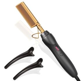 Hot Comb Hair Straightener Heat Pressing Combs Portable Ceramic Curling Iron for Hair Beard Wigs Wet and Dry Hair Styling Tools (Plug Type: EU, Color: HeatComb-Gold-3pcs)