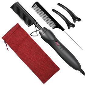 Hot Comb Hair Straightener Heat Pressing Combs Portable Ceramic Curling Iron for Hair Beard Wigs Wet and Dry Hair Styling Tools (Plug Type: EU, Color: HeatComb-Black-5pcs)