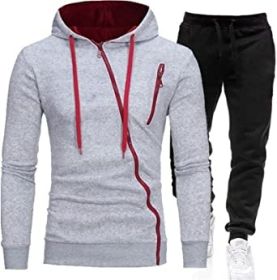 Mens 2 Piece Tracksuit Zipper Hoodie Pants Sport Suit Long Sleeve Stylish Casual Athletic Tracksuits (Color: light grey, size: XL)